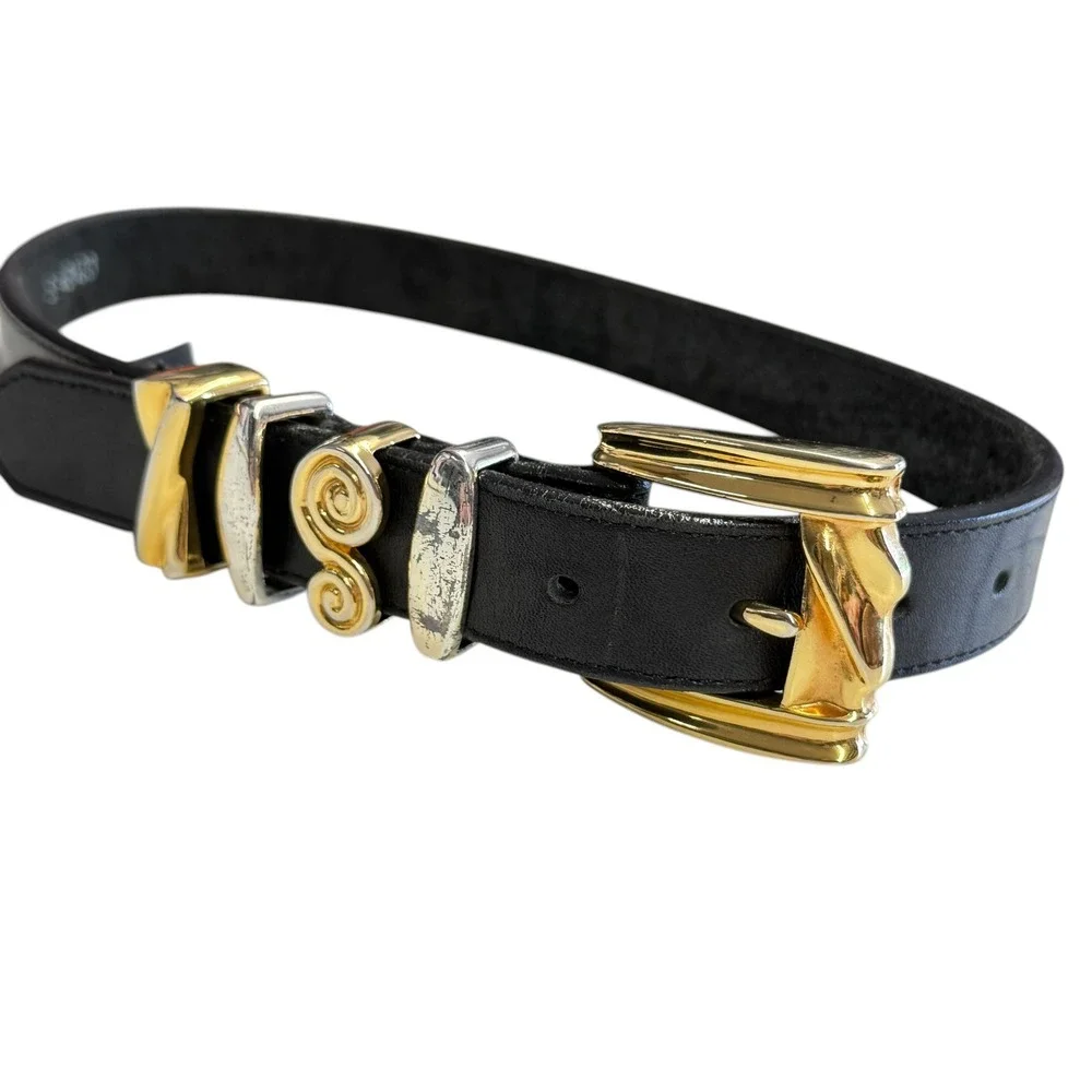 Brighton Womens Black Leather Belt Mixed Metal Gold Silver Tone Buckle Size‎ S